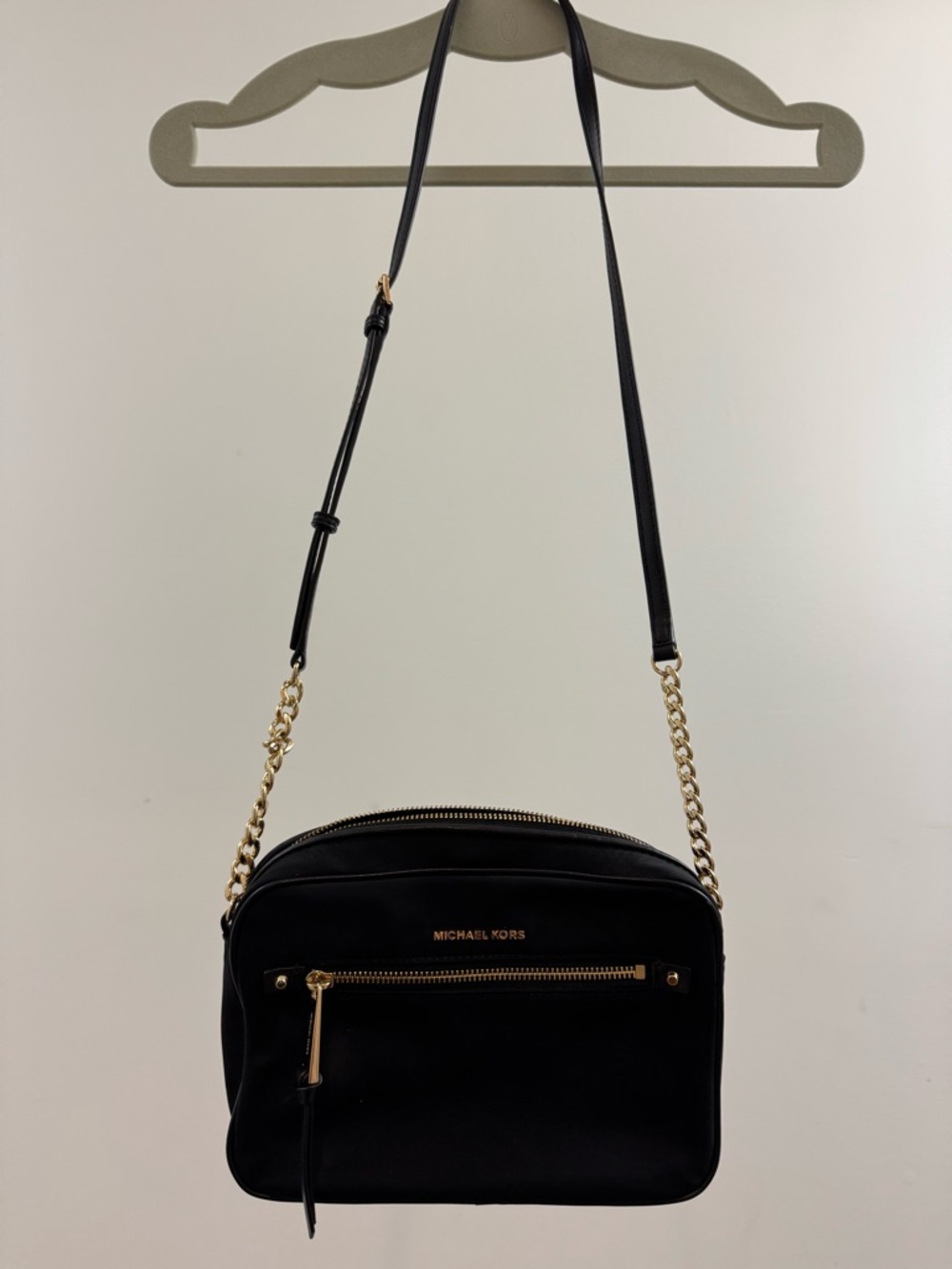 Michael Kors Black Leather Crossbody with Gold Chain Trim